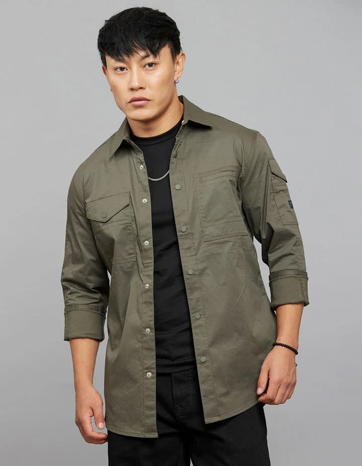 Dark Military Green Full Sleeves Cargo Shirt - Rookies