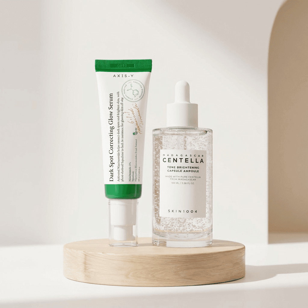 AXIS-Y Dark Spot Correcting Glow Serum and SKIN1004 Centella Tone Brightening Capsule Ampoule skincare combo