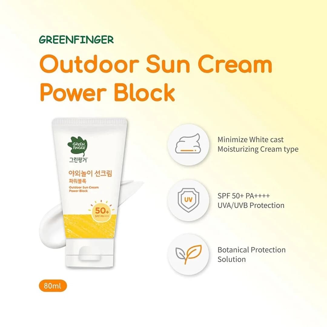Green Finger Outdoor Sun Cream Power Block SPF50+ PA+++ with Moringa Oil, Baobab Seed Oil & Aloe Vera | Korean Broad-Spectrum Mineral Sunscreen for UVA UVB Blue Light Protection | Low Irritation, White Cast Minimizing, Water-Washable Formula | Free from 33 Harmful Ingredients | For Babies 12M+, Kids, Adults & Sensitive Skin | 80ml
