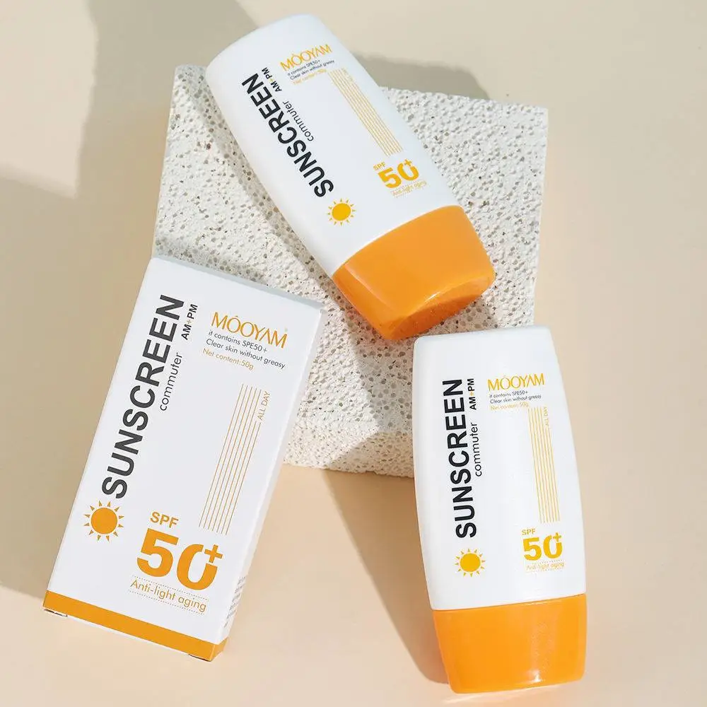 Mooyam Sunscreen SPF 50+ Commuter bottle and box – lightweight anti-aging sun protection for daily use